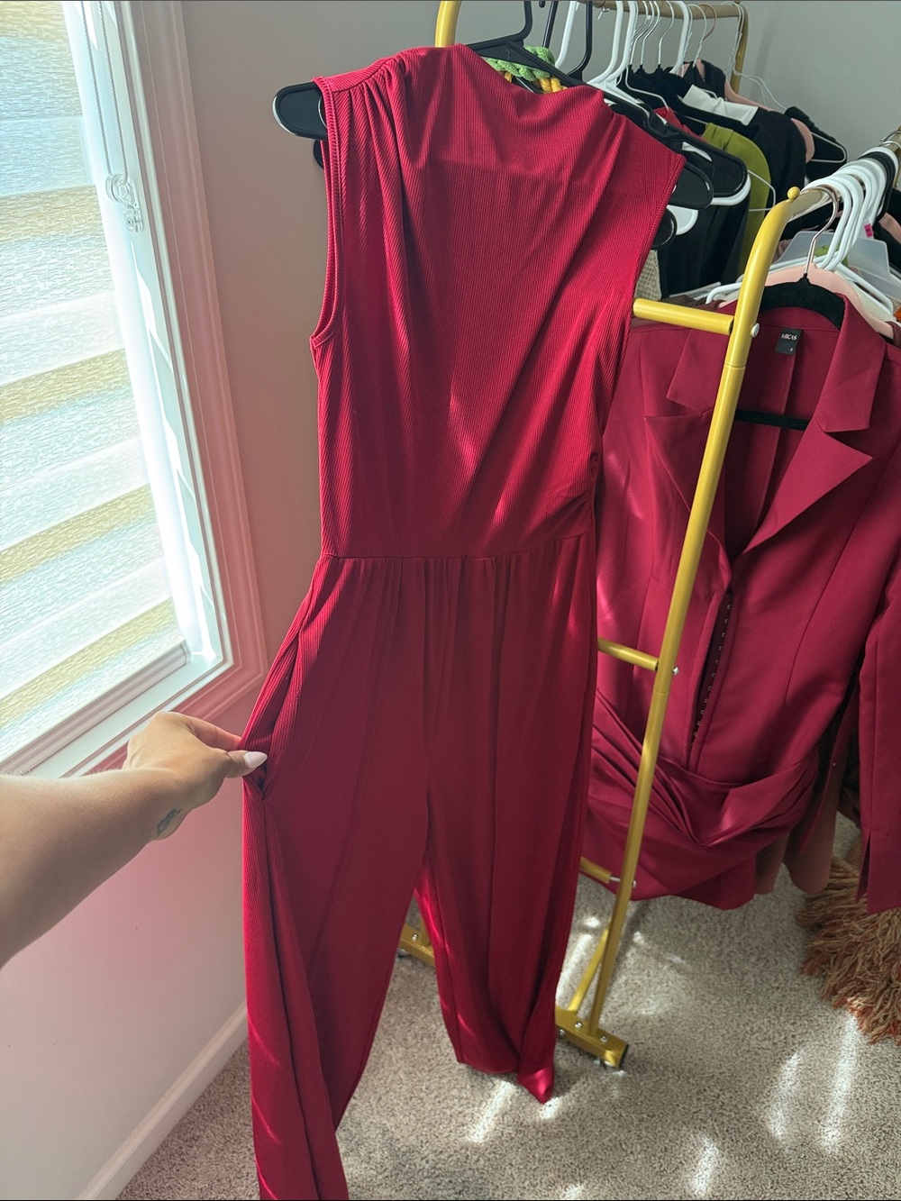 Sleeveless Red Jumpsuit with Pocket Detail